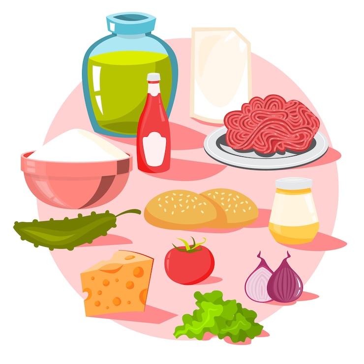 Vetor ingredientes do hambúrguer. pão e queijo, salada e tomate