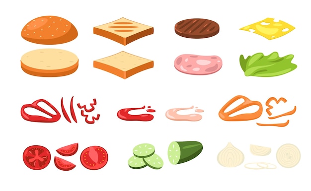 Ingredientes do sanduíche Torrada saudável dos desenhos animados com legumes orgânicos picados fast food com legumes fatiados queijo tomate molho de alface Conjunto de vetores