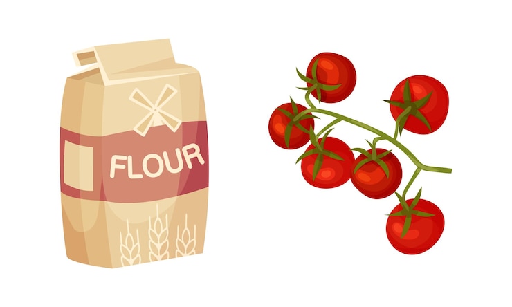 Vetor ingredientes para o conjunto de cozinha de pizza pacote de farinha e tomates frescos maduros ilustração vetorial