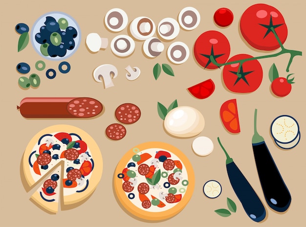 Ingredientes para pizza, inteiros e cortados em pedaços