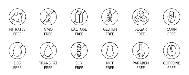 Ingredientes sem alérgenos produtos sem alérgenos produtos símbolos de advertência nitratos ogm lactose glúten açúcar milho ovo gordura trans soja parabeno sem cafeína sinais