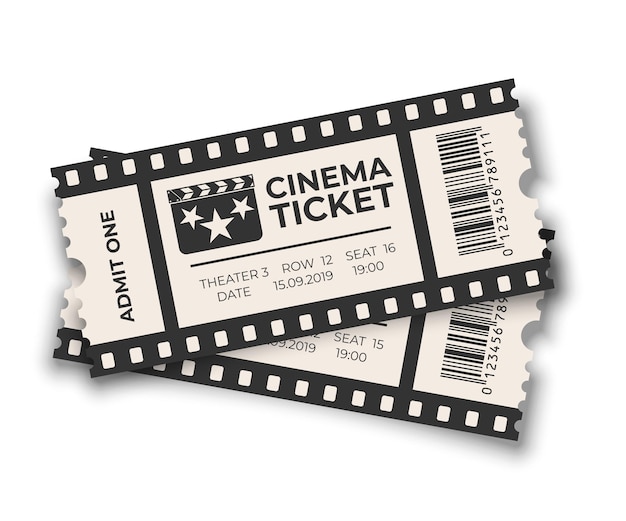 Vetor ingresso de cinema branco sobreposto com modelos de código de barras definidos isolados no fundo branco