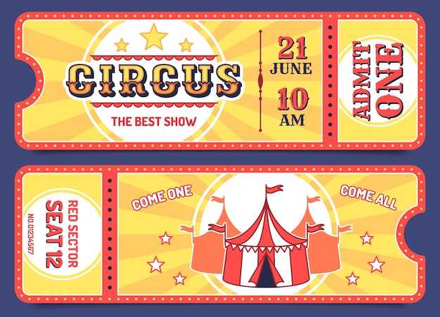 Vetor ingressos de circo. modelos de ingressos de entrada com texto de amostra, cupom de convite para atrações, eventos de carnaval, conjunto de vetores retrô de show de mágica. admita a menção de um cupom, desempenho divertido