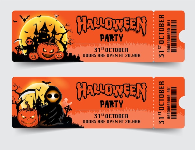 Vetor ingressos para festa de halloween com abóboras