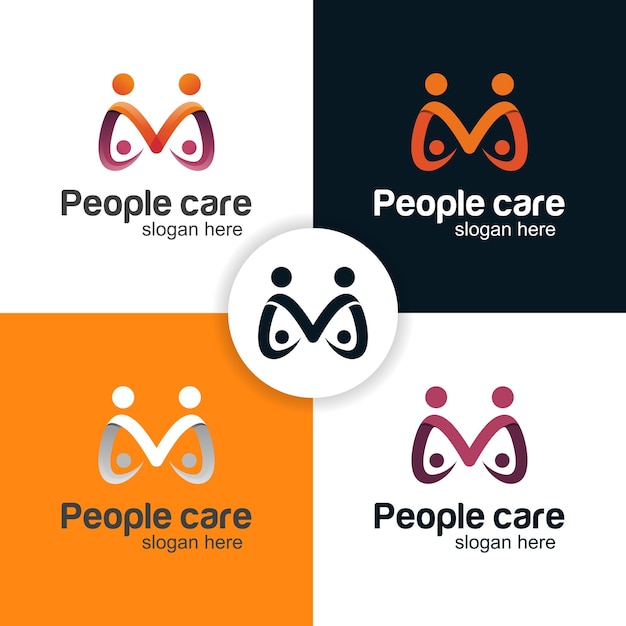 Iniciais letra m humano ou grupo de pessoas ou cuidados familiares, modelo de vetor de design de logotipo de unidade