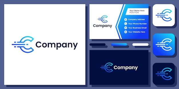 Inicial letra c tecnologia digital fast network data connect vector logo design com cartão de visita