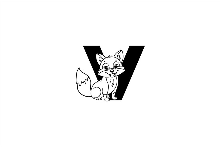 Vetor inicial letra v com fox logo design a raposa está ostentando um sorriso feliz letra v e cabeça de raposa