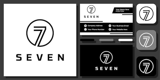 Inicial número 7 sete círculo simples linha mínima arte ícone vector design logo com cartão de visita