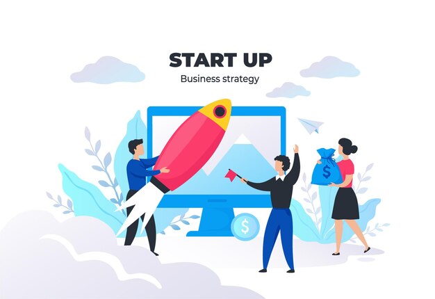 Inicie o conceito de pessoas. Gestão de projetos e estratégia de negócios, reunião e comunicação. Imagem vetorial, marketing digital, startup de criatividade de marca de sucesso