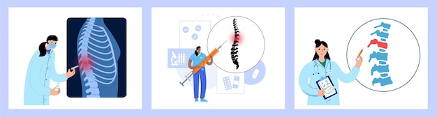 Injeção da articulação da coluna Dor e inflamação na vértebra Ilustração vetorial plana da espinha dorsal