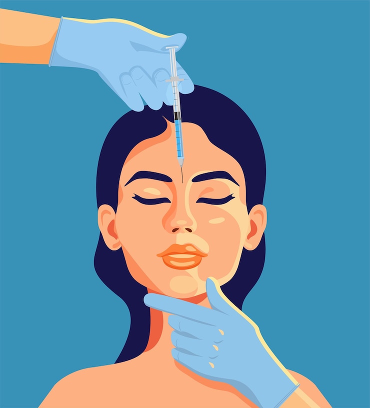 Vetor injeção de beleza médico de mãos em luvas com seringa conceito de cosmética de beleza anti-envelhecimento mesoterapia rejuvenescente feminina injeções de neurotoxina ácido hialurônico injeções faciais vector