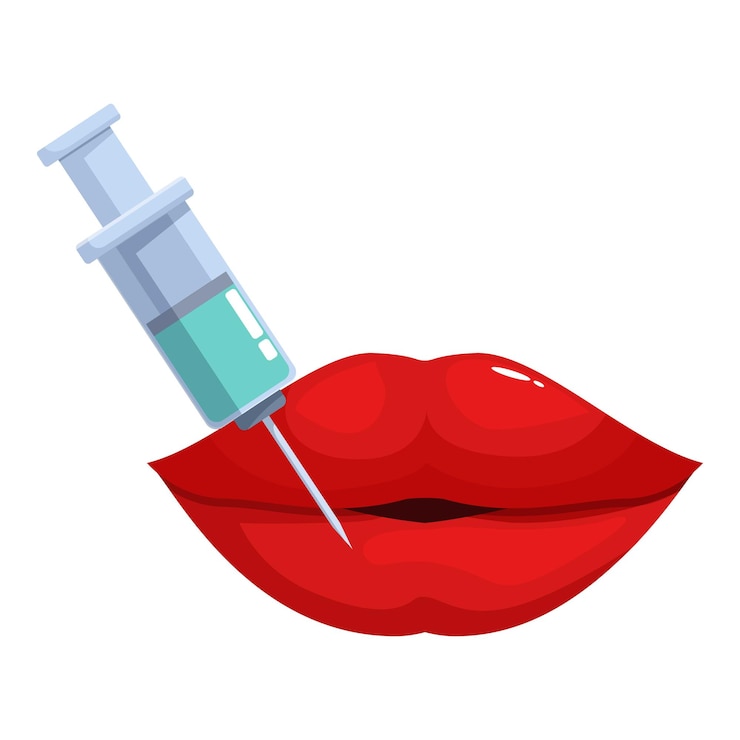Vetor injeção de enchimento por seringa nos lábios vermelhos para realçar a cosmética