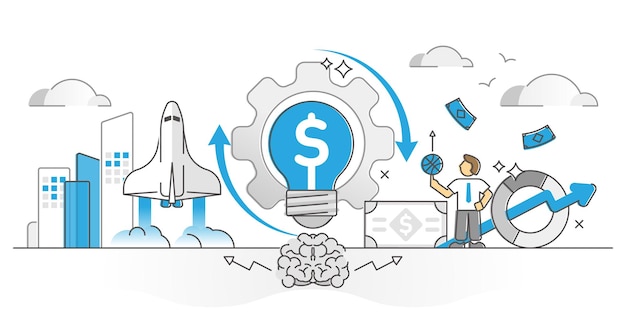 Vetor inovação empresarial como novo conceito de estrutura de tópicos de monocolor de ideia de produto criativo. gerenciamento de lançamento de projeto com ilustração vetorial de ganhos e lucro. empresa com cenário de desenvolvimento de invenções de sucesso.