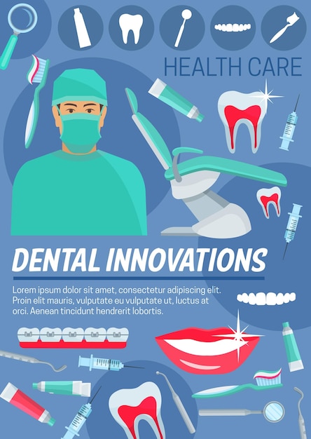 Vetor inovações dentárias médicas e ferramentas de odontologia