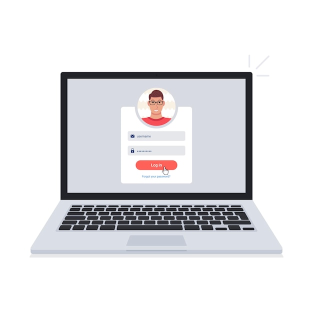 Inscreva-se na página com o avatar masculino na tela do laptop. para uma página da web, entre na conta, autorização do usuário, página de autenticação de login. vetor.