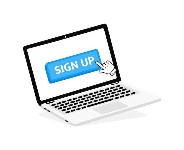 Inscrever texto na tela do laptop com um botão vermelho com o ponteiro clicando pressionando o dedo