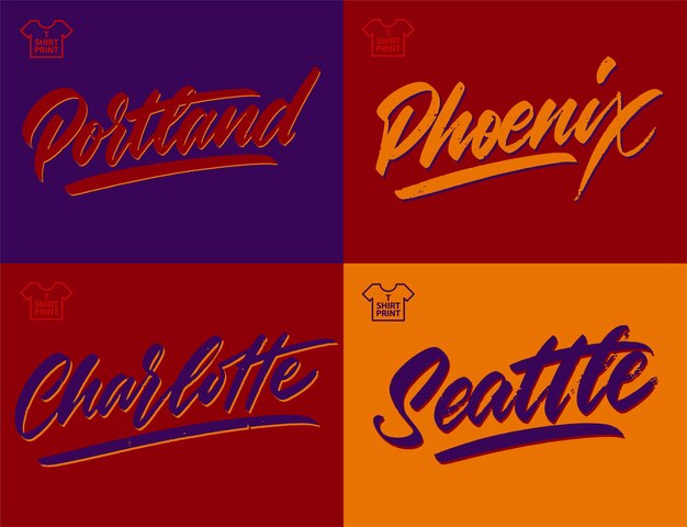 Inscrição de cidade vintage grange. Portland, Phoenix, Charlotte, Seattle