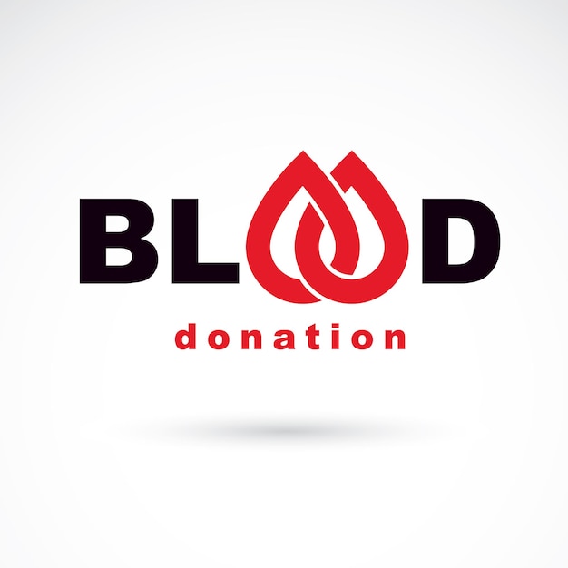 Inscrição de doador de sangue isolada em branco. Gotas de sangue vermelho de vetor. Salve vidas e doe sangue. Emblema de cuidados médicos.