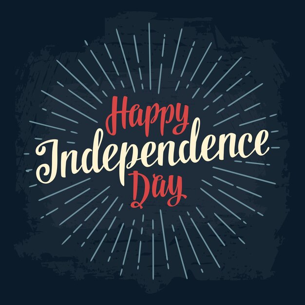 Inscrição de letras de mão feliz Dia da Independência com raios Calígrafo Vintage 4 de julho