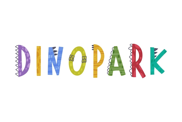 Inscrição do parque de dinos com letras de alfabeto de dinos pontiagudos ilustração vetorial