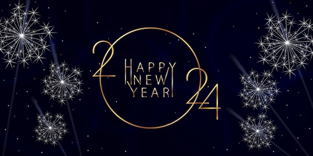Inscrição dourada 2024 e feliz ano novo em uma ilustração vetorial de chuveirinhos de fundo azul escuro