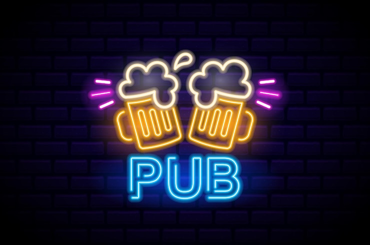Vetor insignia de néon retro representando duas canecas de cerveja com espuma e a palavra pub contra uma parede de tijolos escuros