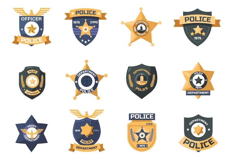 Vetor insignia de polícia oficial de polícia emblemas de xerife com estrela e escudo insígnia de proteção de segurança estilo plano conjunto isolado de vetor
