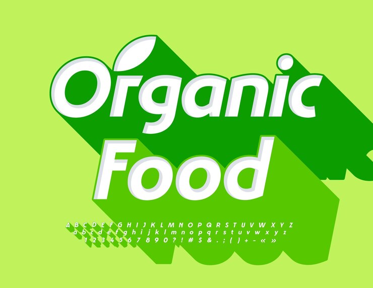 Vetor insignia de saúde vetorial alimentos orgânicos com folha decorativa font branca com sombra verde unquie alfabeto