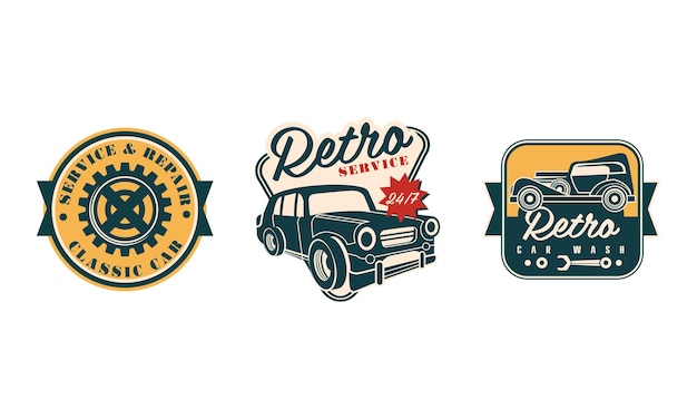 Insígnias de manutenção e reparação de automóveis com conjunto de vetores de automóveis retro