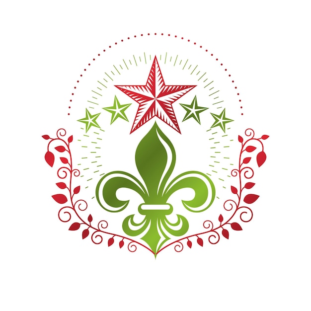 Insígnias vintage retrô criadas com flor de lírio e estrelas pentagonais. elemento de desenho vetorial, emblema de produto natural orgânico, elemento de design de melhor qualidade.