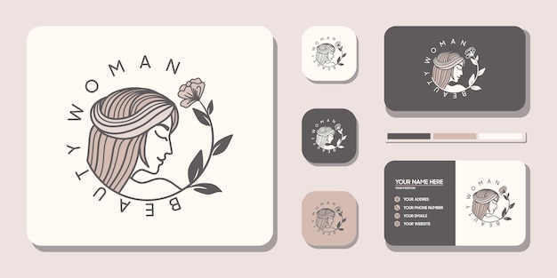 Vetor inspiração de logotipo de mulheres de beleza com cartão de visita para salões de beleza e spas de cuidados com a pele com combinação de folhas