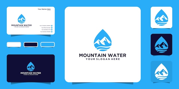 Inspiração do design do logotipo da gota d'água, ondas do mar e montanhas naturais com cartões de visita