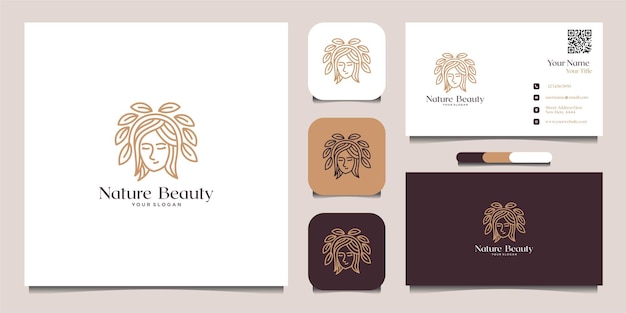 Inspiração do logotipo da nature beauty com cartão de visita com combinação de folhas premium vector