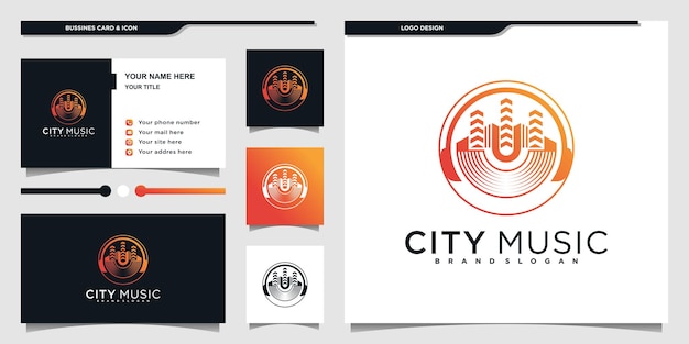 Inspiração no design do logotipo da cidade da música com forma de arte de linha circual moderna e cartão de visita premium vecto