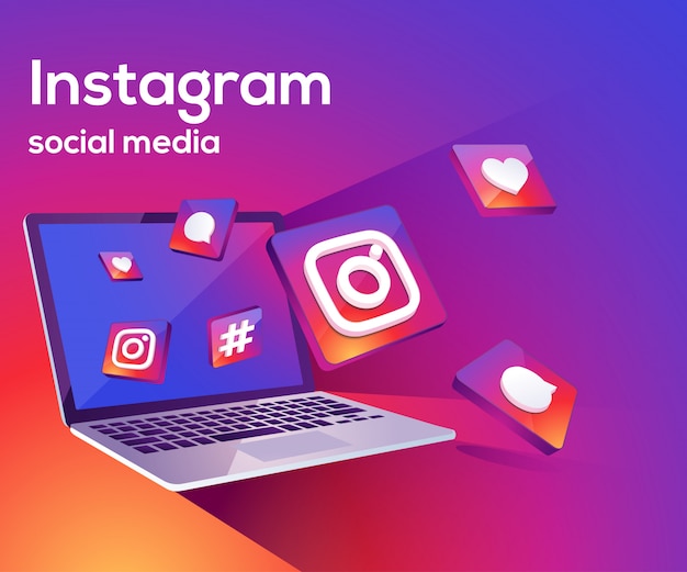 Vetor instagram 3d mídia social iicon com laptop dekstop