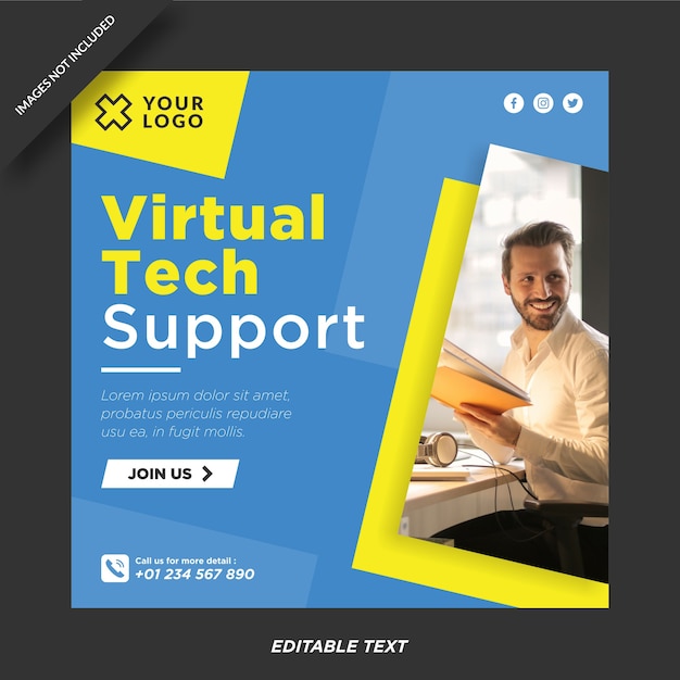 Vetor instagram de suporte técnico virtual e modelo de mídia social