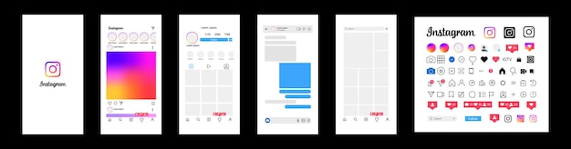 Instagram design configure a tela do instagram mídia social e modelo de interface de rede social instagram moldura de foto histórias gostou fluxo vetor editorial