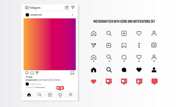 Vetor instagram feed com ícones e notificações definido