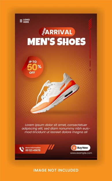 Vetor instagram história sapatos modelo de mídia social e modelo de banner web com estilo de cor laranja de luxo