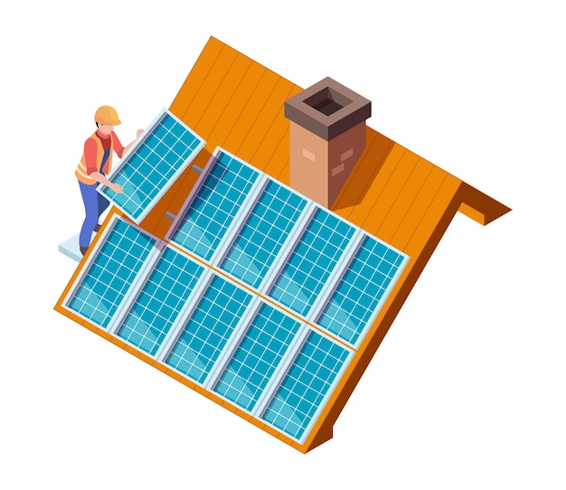 Vetor instalação de painéis solares. trabalhador que faz o painel solar eco moderno no conceito isométrico de vetor de sistemas de eletricidade renovável de telhado. fornecimento de construção de ilustração, instalar painel solar renovável