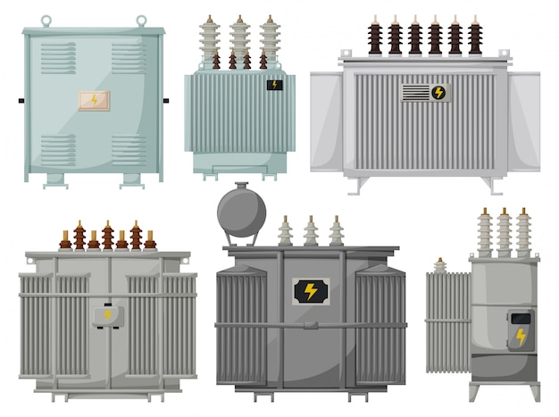 Vetor instalação do transformador em fundo branco. subestação de energia ícone isolado dos desenhos animados. conjunto de desenhos animados transformador de ícone.