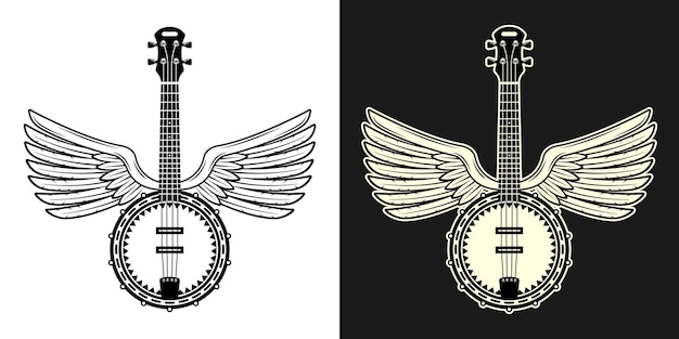 Instrumento musical banjo com asas de anjo conjunto de dois estilos preto sobre branco e colorido sobre fundo escuro ilustração vetorial