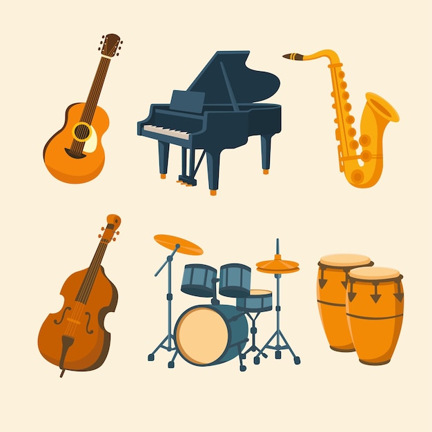 instrumento musical de jazz piano guitarra percussão saxofone bateria contrabaixo projeto plano