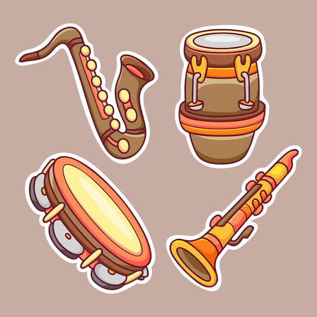 Instrumento Musical Orquestral Adesivo Ícones Mão Desenhada Coloração Vetorial