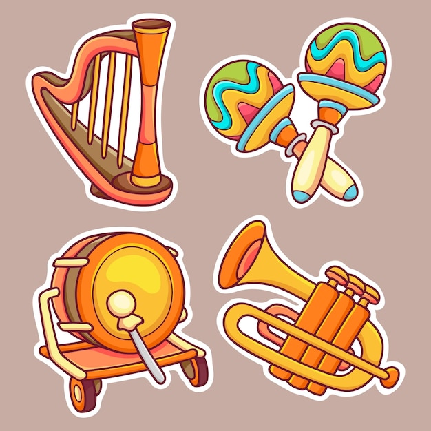 Instrumento Musical Orquestral Adesivo Ícones Mão Desenhada Coloração Vetorial