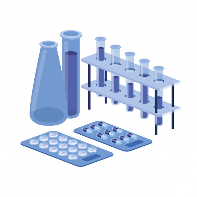 Instrumentos de laboratório com medicamentos em branco