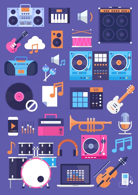 Instrumentos de música padrão sem costura e equipamentos eletrônicos ícones