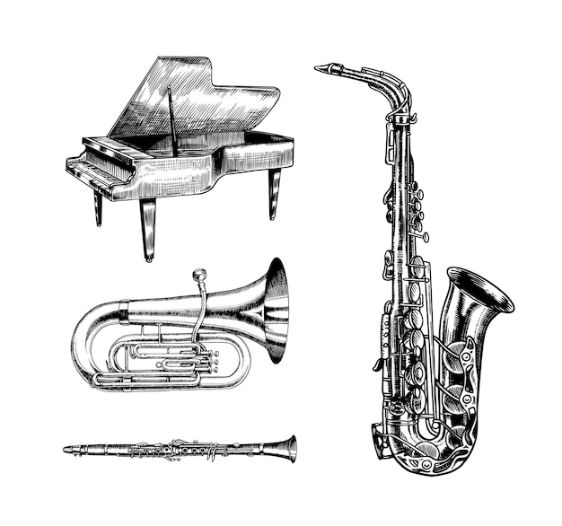 Instrumentos de sopro clássicos de jazz, saxofone musical, tuba e piano de cauda, desenhado à mão, monocromático, gravado, esboço vintage