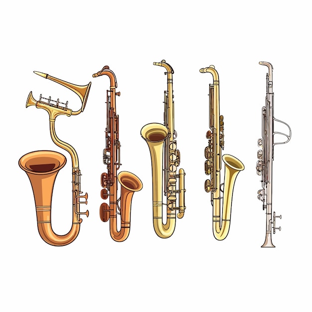 Vetor instrumentos de sopro musical conjunto flauta trompete saxofone clarinete e oboe trombone corno francês