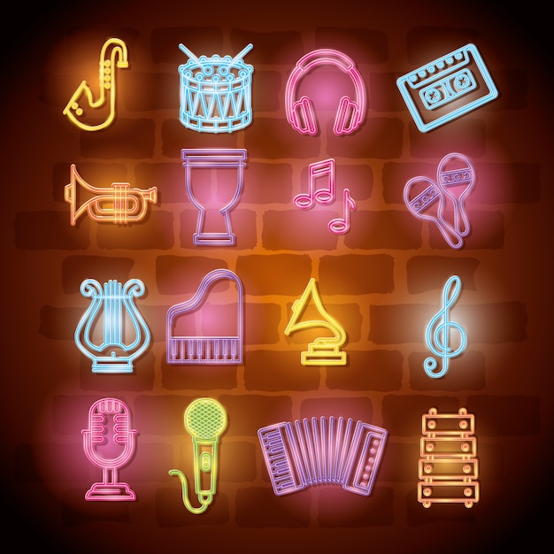 Vetor instrumentos musicais com luzes de néon defina ícones